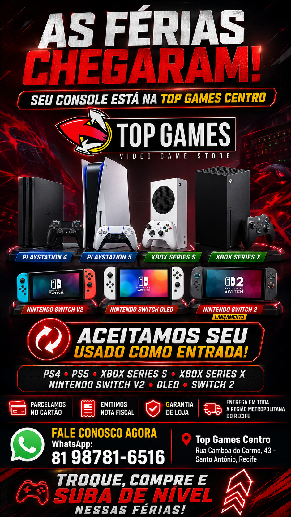 Consoles PlayStation, Xbox e Nintendo na campanha de férias da Top Games Centro
